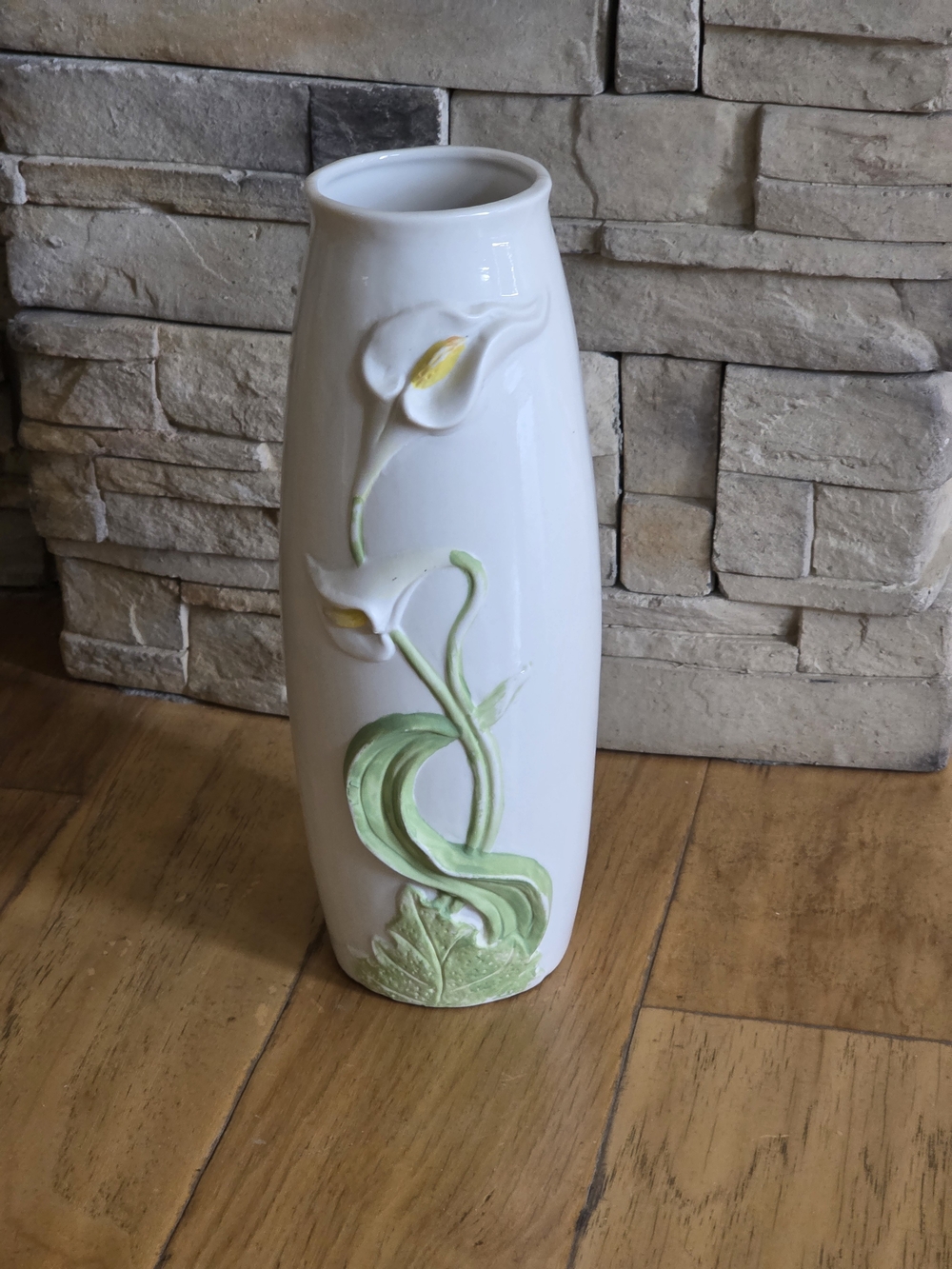 Vintage White Ceramic Vase with Green Calla Lily Relief. 12 Inches Tall.